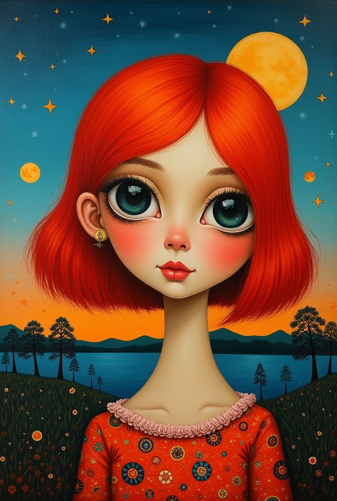 [(front portrait: pretty teen girl  with big eyes and a short red bob)((Mordecai-Ardon style)))::20]/[background:landscape
 Baroque (moonlight sunset), style Rafael Santi], naive art, primitivism, protogen, crimson/liliac, very colorful,((oil painting)),((masterpiece)),single shot