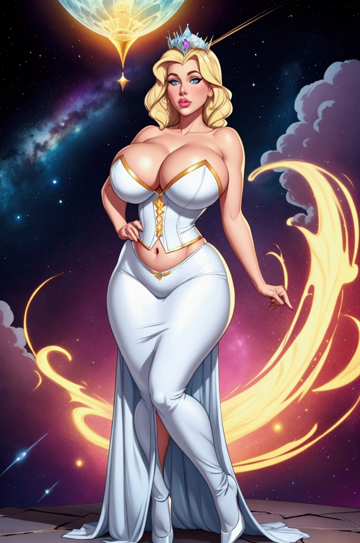 ((BLONDE)), ((BIGGER BREASTED)), (Pretty face), (structured jaw line), (Beautiful Woman), White, woman, blue eyes, her name is Amanda, wanting me, cute nose, plump lips, age 35, fuller breasts, bigger breasted, bustier, career-driven woman Full body pose, Princess Celestia, Queen of the Cosmic Realm, epic breasted
