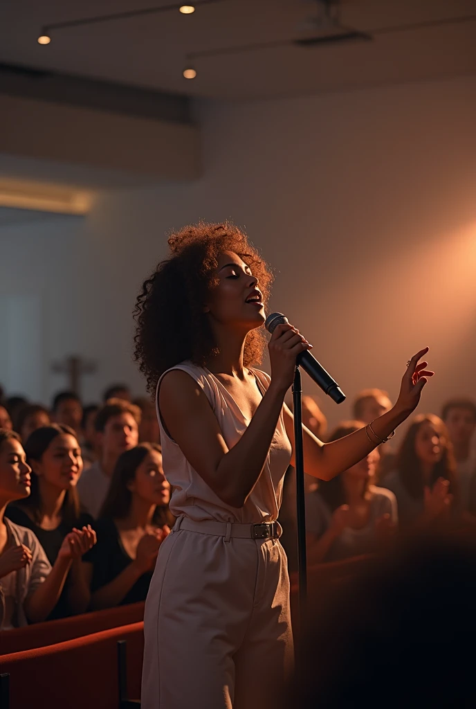 curly haired woman singing with microphone in one hand and other hand raised up on stage of modern church with an audience of young men and women. PICTURE REALISTIC