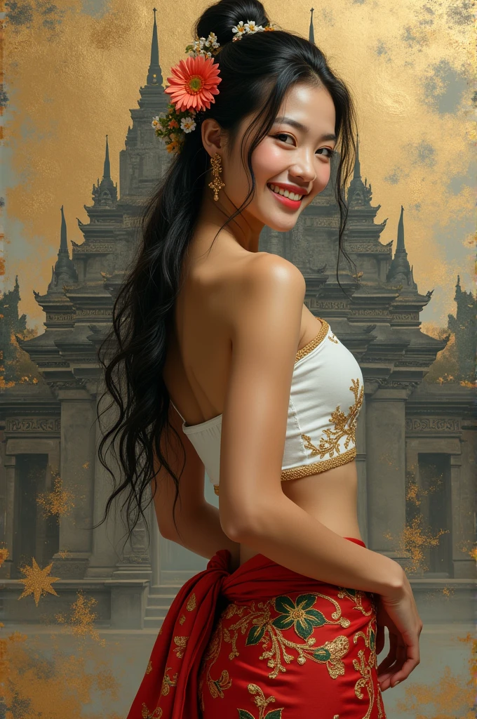 (photoréaliste:1.2), Epic, intricate fine details, unreal, abstract light and shiny, gold and ink painting, full body view, long flowering hair adorned with flowers, Cambodian beauty, white tube top embroidered with gold filament, red sarong with Khmer patterns red and green , mid-turn, smiling, looking at viewer, abstract old Khmer temple in gold-gray painting background, gold kintsugi and splash effects, realistic textures.