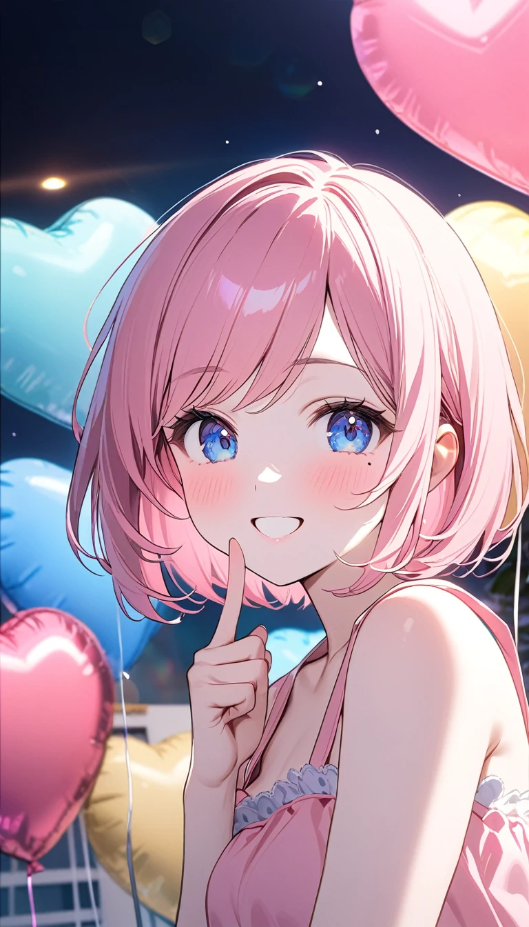 (1 girl),(Best Picture Quality, 8K, Masterpiece:1.3), (high school student:1.5), ((pink lob hair:1.1)), (bob cut),(swept bangs), (cute eyes, pupil black, iris skyblue, youthful face), (mole under right eye), (standard weight), (small breasts),(big hip), (glistening skin:1.1),(pale skin:1.2),(happy:1.4),BREAK,(pink sundress),(Heart Balloon),(Pastel pink Bedroom),(in the night),((portrait)),(index finger raised),((Lens Flare:1.2)).