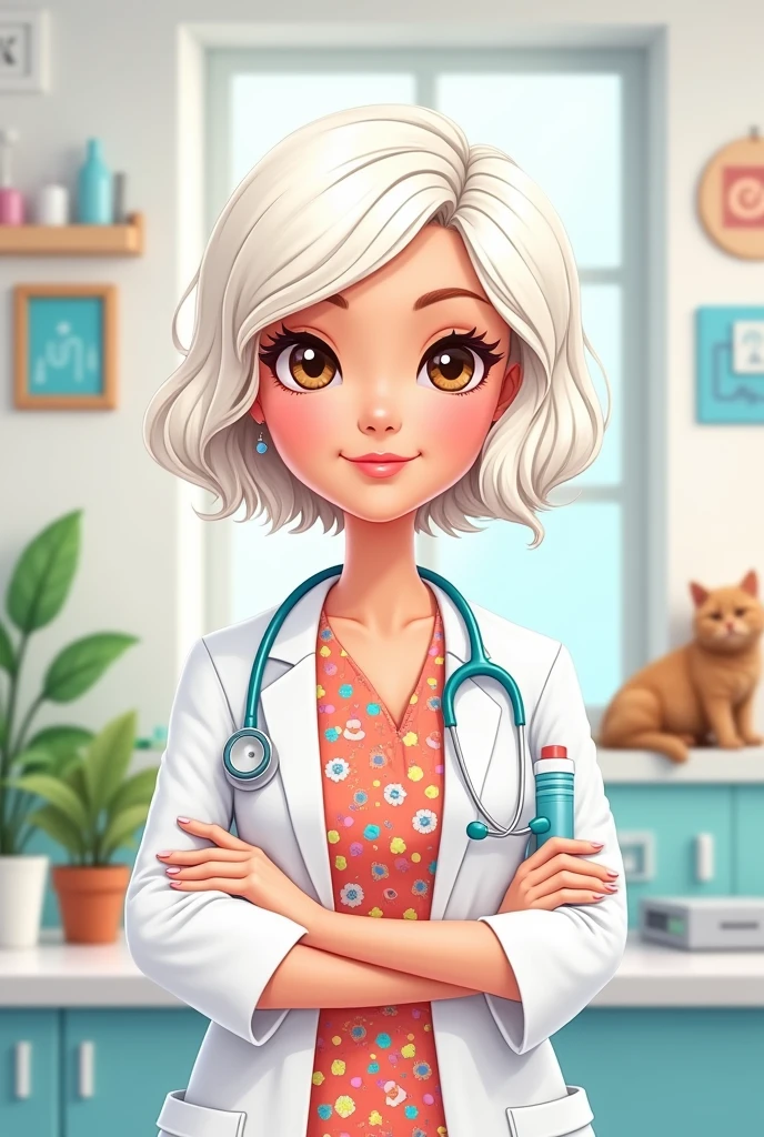 Cartoon image of barbie doctor brown eyes short white hair 