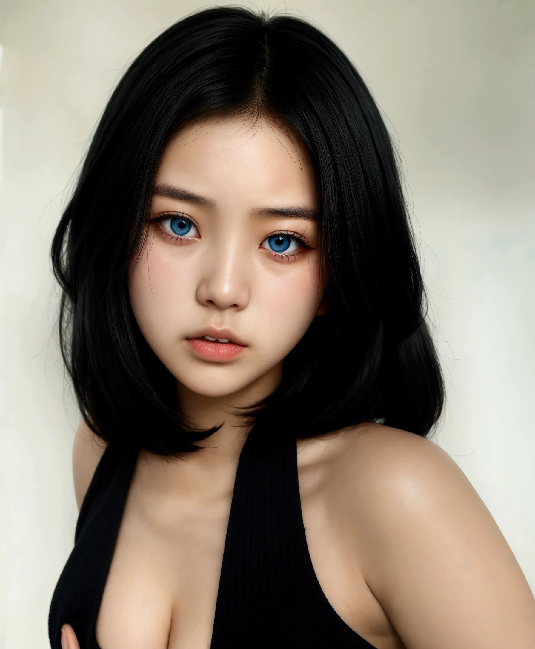 Asian girl, blue-eyed, black short hair, pretty girl