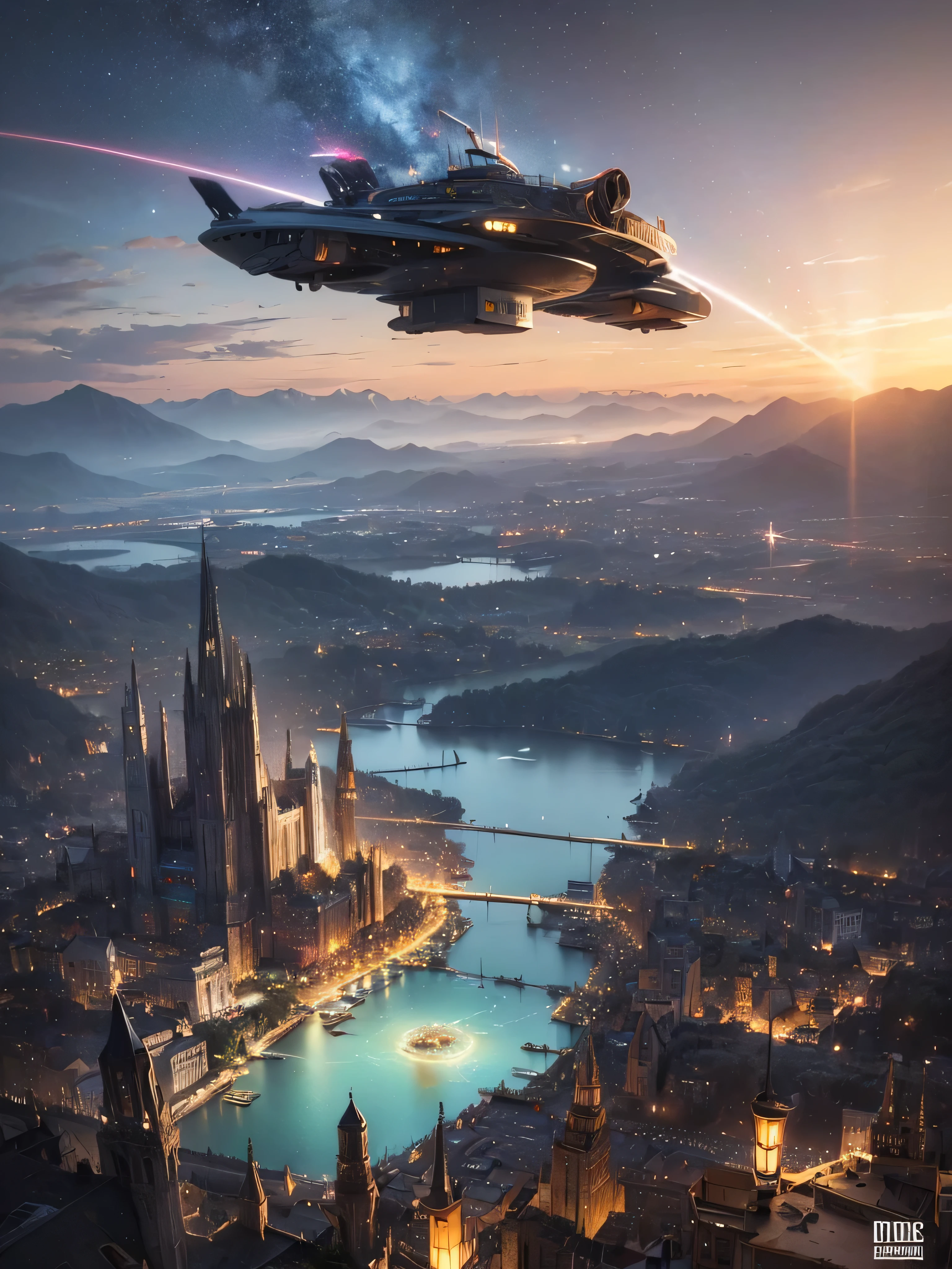 (8k, highest quality, masterpiece, final fantasy style: 1.2), (unRealistic, photoRealistic: 1.37), Dreamy landscape, Fantasy, Unsurreal landscapes, Super detailed, Flying Castle, Floating Island in the Sky, Seven-colored swirl of light, Intense lightning, milky way, Complex Light, Colored light, Large Lake, Starry sky reflected on the lake surface, Countless shining stars, Meteors, Reflections , (A pillar of light emanated from the ground:1,2), roses and orchids gardens , sunset, pink clouds, waterfalls in the sky, realistic style, Hyperrealism drawing, a flying pirate spaceship floating at the clouds level, burning skyscrapers, cyborgs, timeless realms, stunning princess , casting spell, healing light magic effect, in a magical lagoon of the fairyland, crystal clear water surface reflections, sharp focus, looking at viewer, (close-up:0.9), (bright white theme:1.2), (bright white tone:1.2), (deep blue tone:1.3),((( realistic, Hyperrealism, vivid colours , landscapes , alien cyborgs , science fiction themes))), (((2 humanoid stunning female cyborgs posing )))