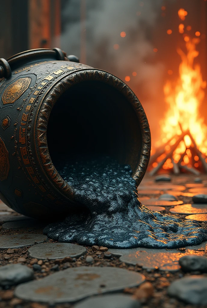 A fallen cauldron, pouring the bubbling liquid onto the floor, filling pores that appear in the earth, with the fire crackling behind . The image should be a little sideways, and it doesn't have to be realistic, I want it to look like an alchemical drawing. The pores are circular. The cauldron is touching the floor and its liquid has a different color. Make a drawing. There are several pores, where the liquid falls, and the fire behind is not a waterfall, but a big bonfire. The liquid is dark in color and all of it is spreading into the pores. Do not make the drawing simulating the realistic design.
