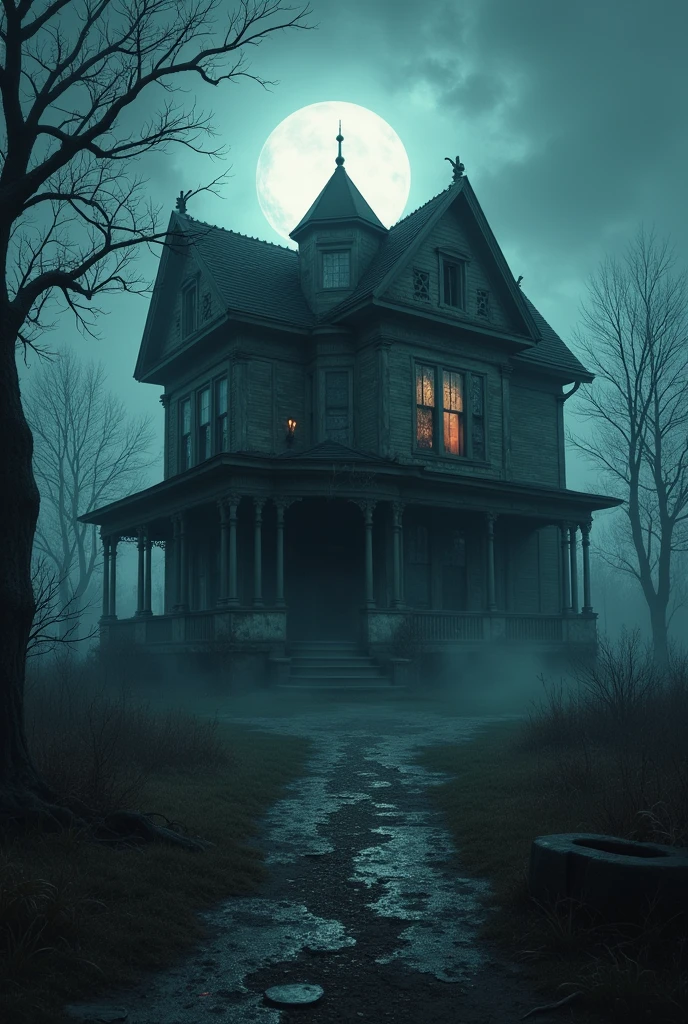A very old house with a horror scene in the dark but with even more details that make it even scarier.