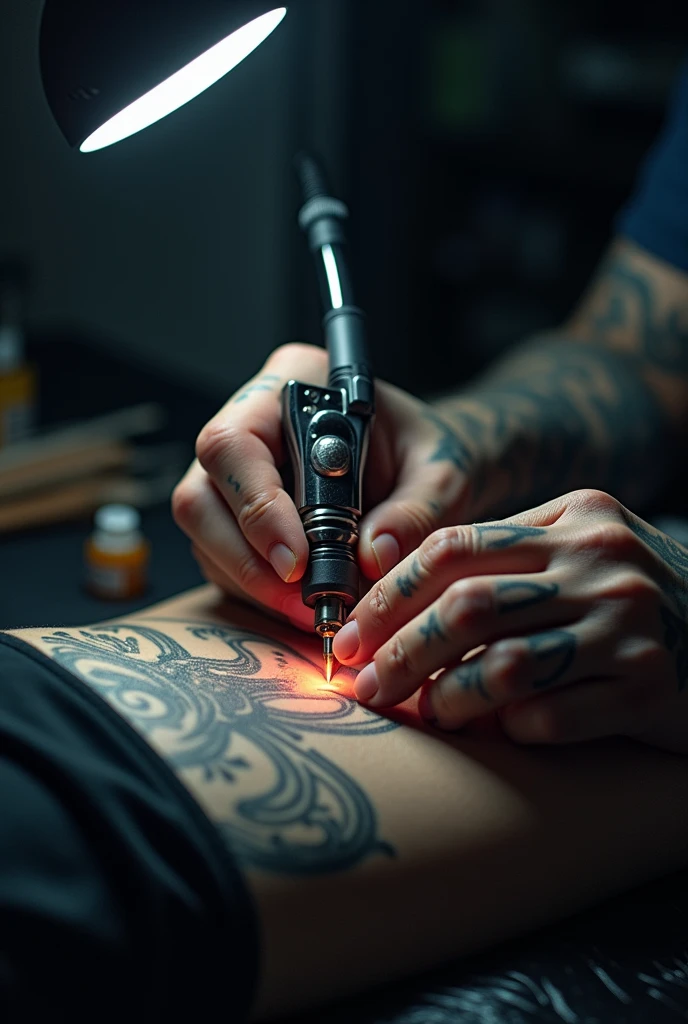 The hands of a person tattooing, and highlight the cartridge for 3D tattooing