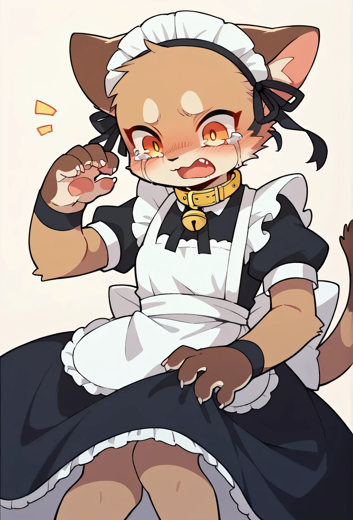 (Black and brown fur)participate,Maid clothes,Female cat,cry,Cry loudly,Tears galore,Yellow collar,protect