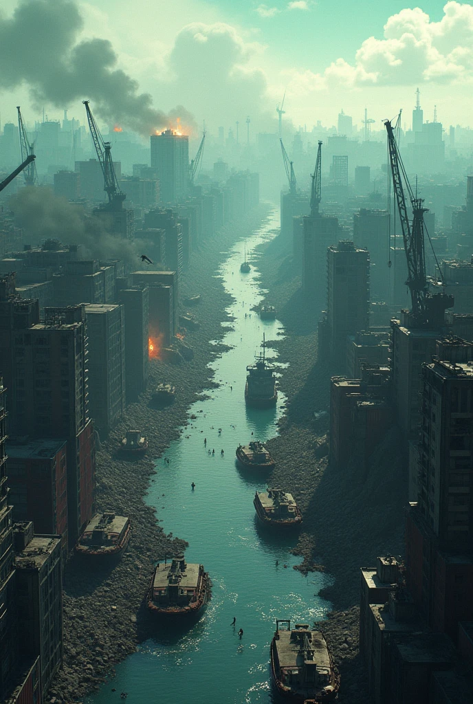 Port of Santos completely destroyed, seen from above, anime version
