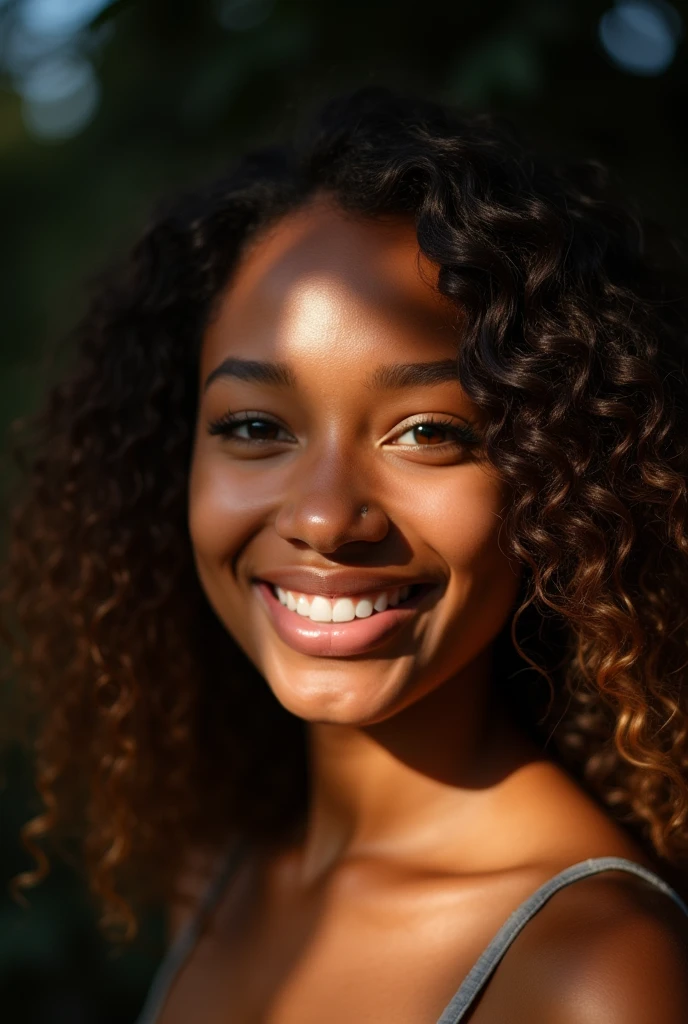 (portrait, editorial photograph of a beautiful black girl age 20, adorable face, long brown curly hair, ((hazel eyes)), nikon d850, film stock photograph ,4 kodak portra 400 ,camera f1.6 lens ,rich colors ,hyper realistic ,lifelike texture, dramatic lighting, (highly detailed face:1.4), perfect eyes, realistic iris, perfect teeth, (smile:0.7), (background dark, shadow of the leaves), (cleavage)
