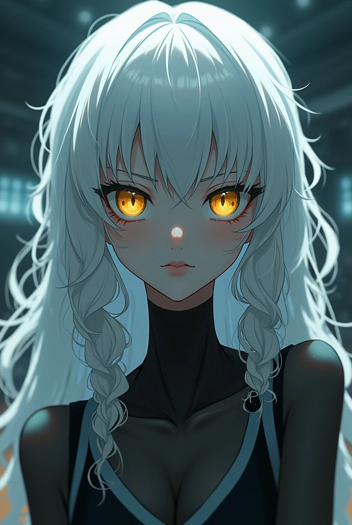 Make an albino female Haikyuu character with black skin, with yellow eyes, and long curly white hair and bangs