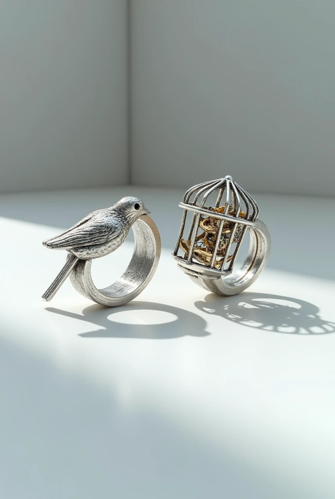 Two silver rings created with cutting-edge technology, with gears representing a bird and a cage, fine and delicate, as well as thin.