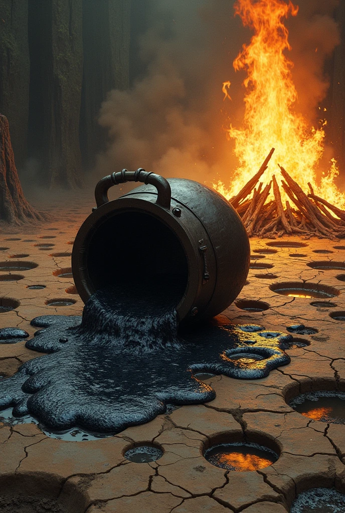A fallen cauldron, pouring the bubbling liquid onto the floor, filling pores that appear in the earth, with the fire crackling behind . The image should be a little sideways, and it doesn&#39;t have to be realistic, I want it to look like an alchemical drawing. The pores are circular. The cauldron is touching the floor and its liquid has a different color. Make a drawing. There are several pores, where the liquid falls, and the fire behind is not a waterfall, but a big bonfire. The liquid is dark in color and all of it is spreading into the pores. Do not make the drawing simulating the realistic design.
