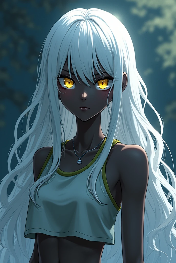 Make an albino female Haikyuu character with black skin, with yellow eyes, and long curly white hair and bangs