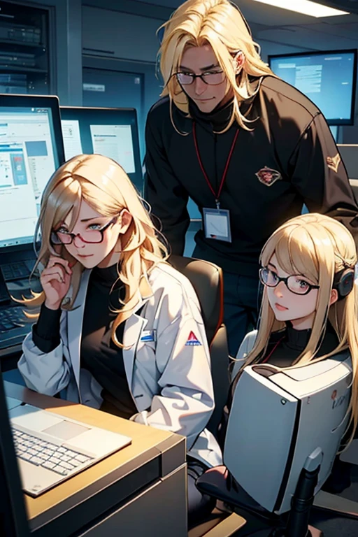 a male data scientist and cryptographer working in a university lab, the character with western characteristics and the environment with computers. Include a young woman, blonde with medium length hair and glasses, skin fair. They are both using a computer. The brown-skinned man, short black hair, without glasses,  eyes browns, wearing a blue t-shirt.
