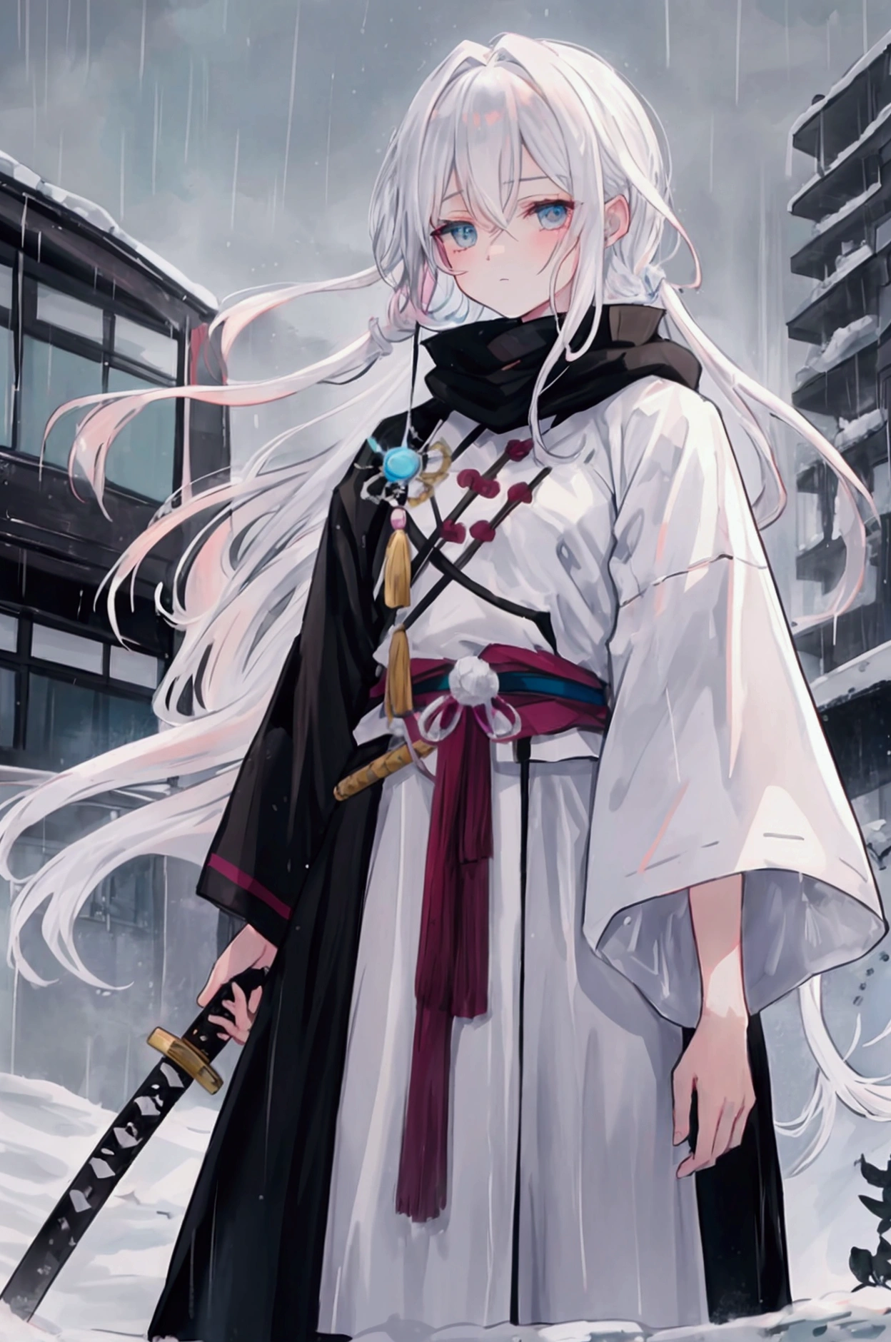 adult white girl with pink curly hair slightly below shoulder length, Brown eyes, septum in the nose, No make-up on the face, dressed in a black kosode and hakame, Behind the katana, She is standing, burying his head in the boy&#39;s chest, Captain of the 10th Squad Hitsugaya Toshiro, he has turquoise eyes, white hair in the form of icicles on the face of two people sadness, in the background is a city in the rain, Full length image