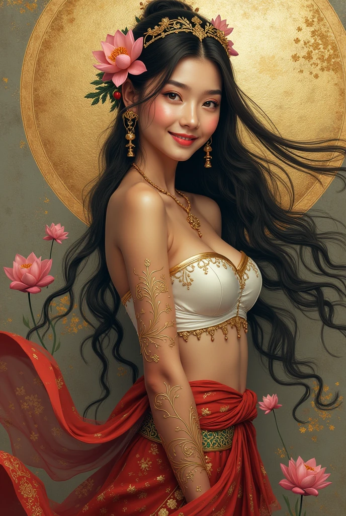 (photoréaliste:1.2), Epic, intricate fine details, unreal, abstract light and shiny, gold and ink painting, full body view, long flowering hair adorned with lotus flowers, Cambodian beauty, white tube top embroidered with gold filament, red sarong with Khmer patterns red and green , mid-turn, smiling, looking at viewer, abstract old Khmer temple in gold-gray painting background, gold kintsugi and splash effects, realistic textures.