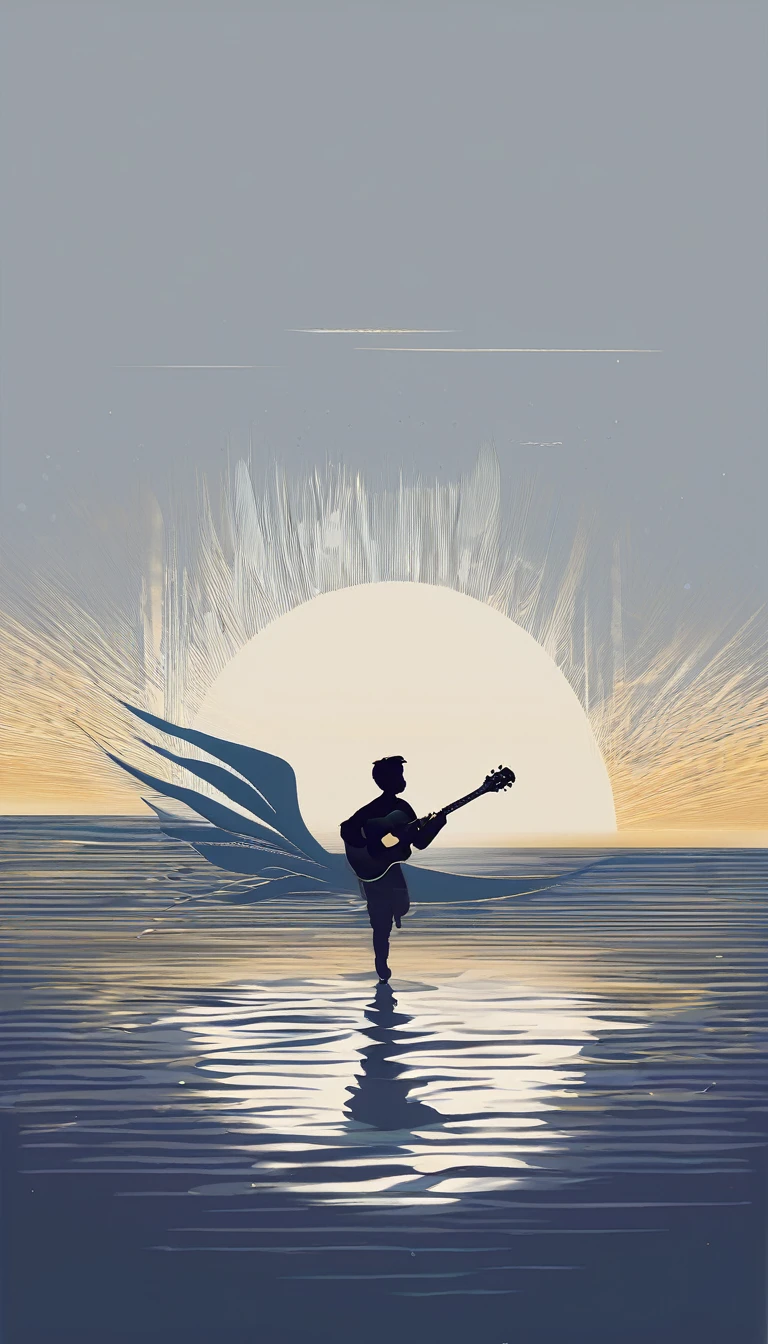Minimal, modern, simple, cinematic logo design for the brand “Penamemoria". The logo design must be a simple, silhouette of a young boy running with arms wide open holding an acoustic guitar in the right hand and a fantasy feather in his left hand. Boy facing the camera. The logo must convey a sense of music, stories, memories and dreams. Logo design impressed on a book cover. Minimalistic white-blue-golden logo.