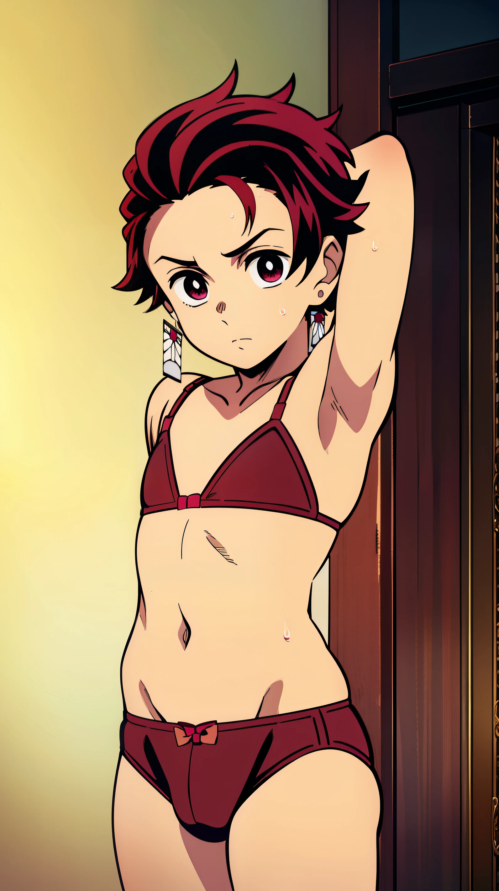 Highres, Masterpiece, Best quality at best,Best Quality,hight quality, hight detailed, Anime style, 1boy, Shota, young boy, Tanjiro, red hair, earring, Solo person, Lingerie, Sexy lingerie, Cute bra, Cute underwear, Flat chest, body, Seen from the front, look at viewer,Simple beckground, (very young boy), (very small and short body), 12-year-old boys, (Showing armpit:1.3), hansome boy, Uhd, bokeh, sweat