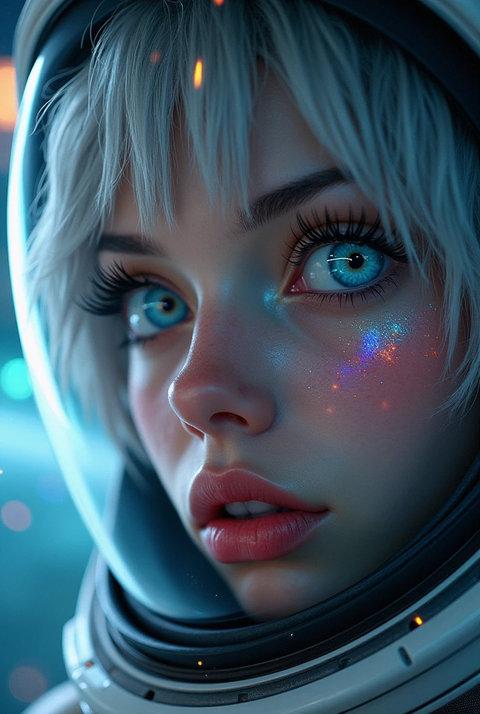 (Close-up of a better masterpiece:1.5)0.9], (Space and astronauts:1.2) (Messy silver hair:1.1) (Heterochromia xanthochromia and blue eyes:1.2) (Space Helmet:1.0) (Colored stars in the eyes:1.0) (A radiant glow:1.1) (thick lips:0.9)