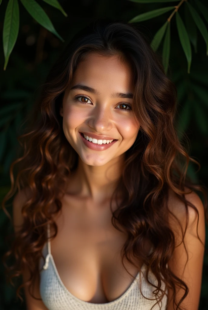 (portrait, editorial photograph of a beautiful filipina girl age 20, adorable face, long brown curly hair, ((hazel eyes)), nikon d850, film stock photograph ,4 kodak portra 400 ,camera f1.6 lens ,rich colors ,hyper realistic ,lifelike texture, dramatic lighting, (highly detailed face:1.4), perfect eyes, realistic iris, perfect teeth, (smile:0.7), (background dark, shadow of the leaves), (cleavage)