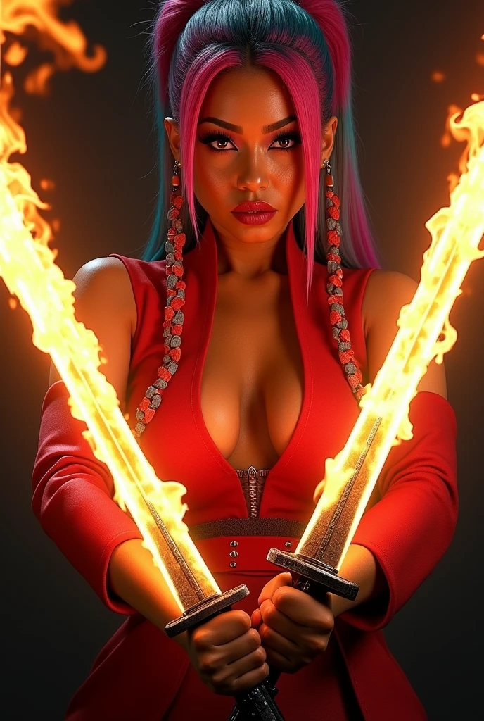 Nicki Minaj with two ninja swords on fire