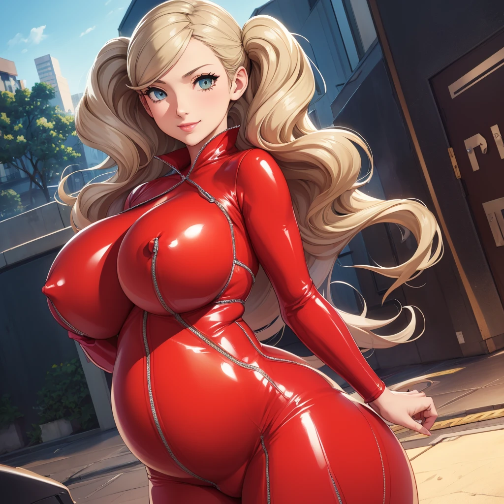 (Highest quality). (Super detailed). (One girl), View the viewer. (Detailed Background). Beautiful and fine details. Delicate and beautiful face. (High saturation), Big breasts, Saggy breasts, Sexy rubber suit, whole body, Long legs, (((Huge breasts))),Blonde,antakamaki,pregnancy,smile，