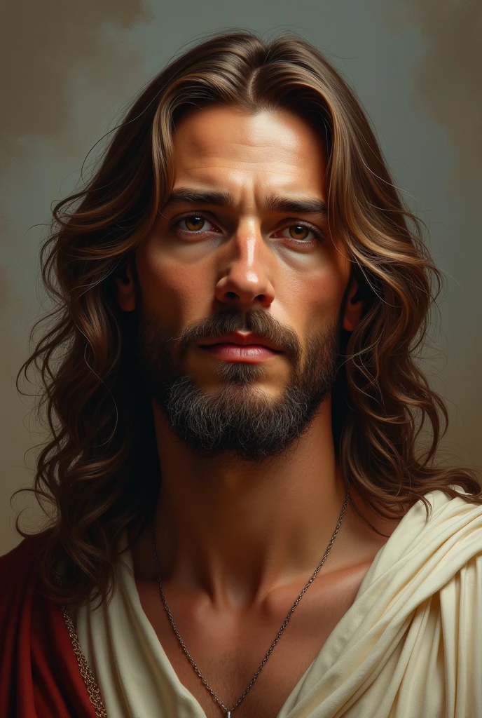 Jesus Christ long light brown hair with scar on cheek and brown eyes and modern dresscode.