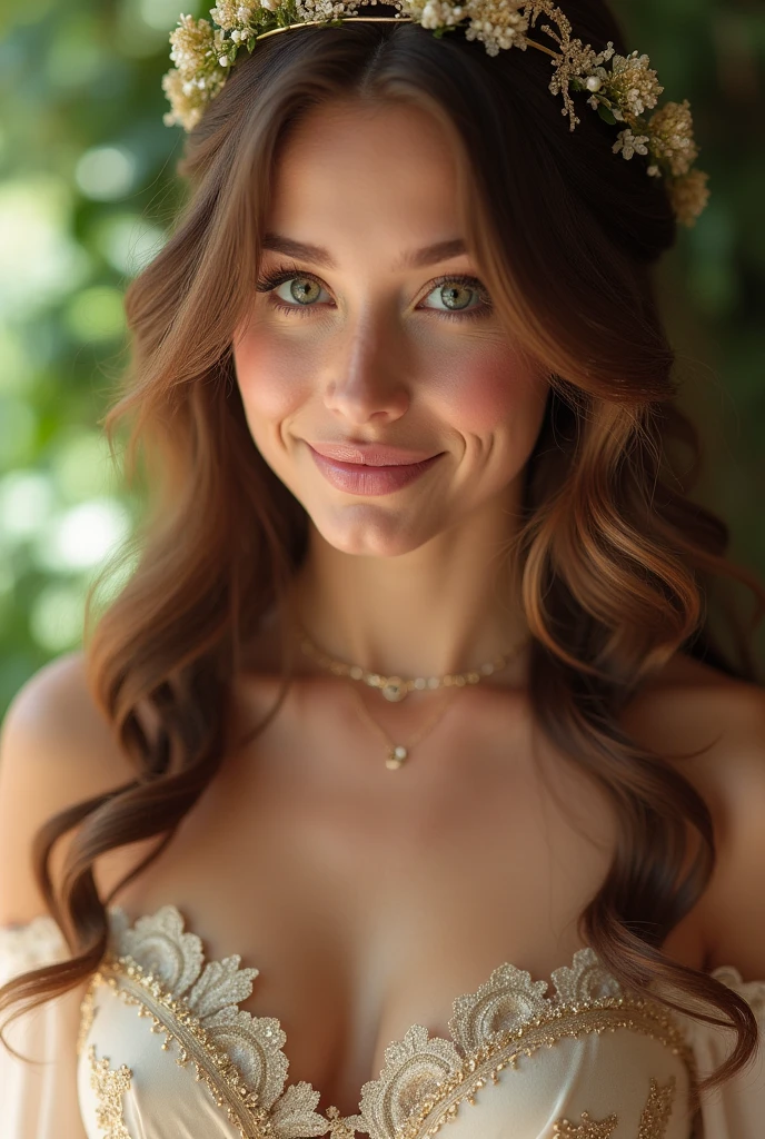 Brown hair, green Eyed, 25 years old, so sweet and beautiful, A girl in a princess dress, full-figured