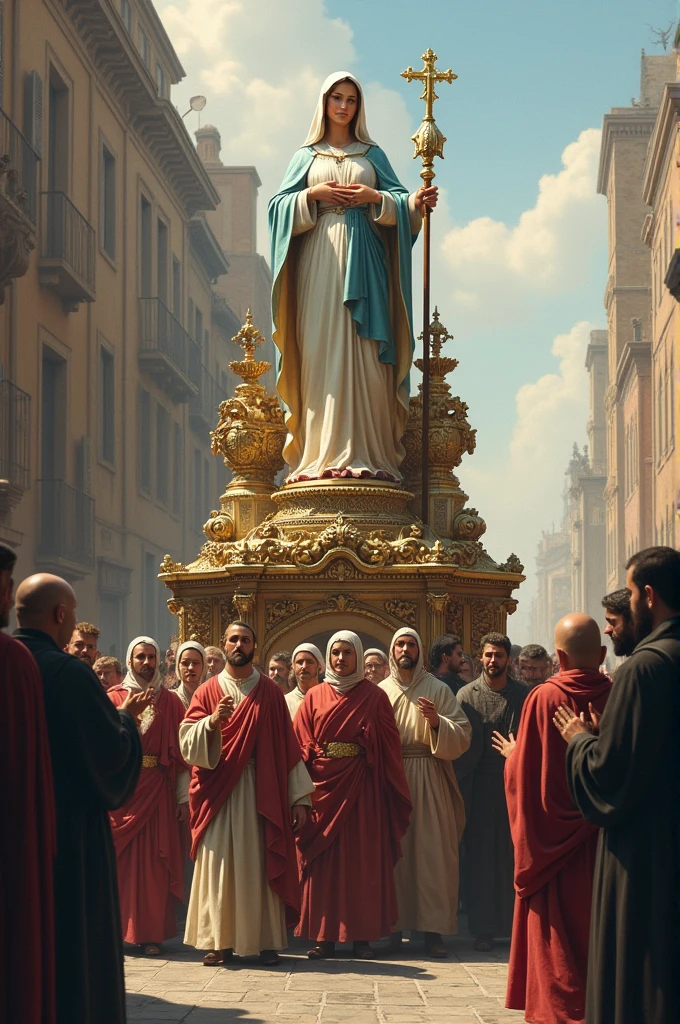 Virgin carried on a platform in procession