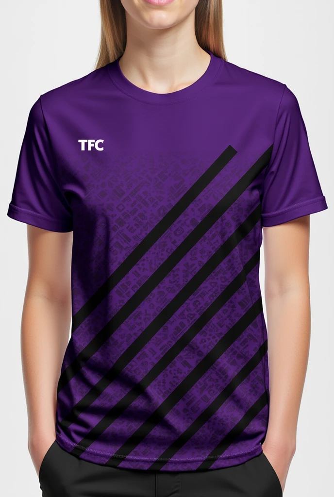 Create a purple shirt with black and white lines with a logo that says TFC on the top left
