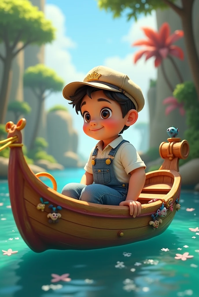 Image of a boy in a fisherman's outfit sitting on a Disney boat