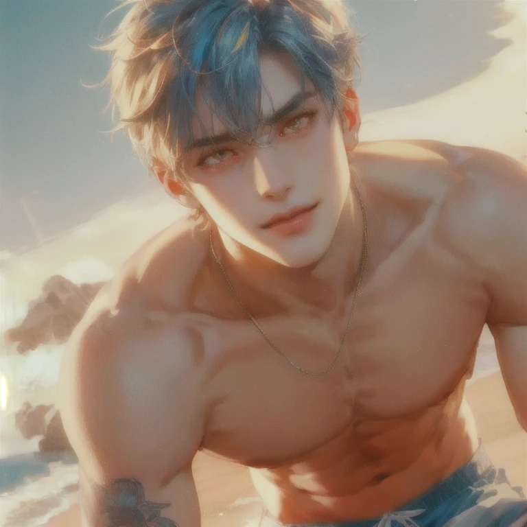 Beach, light blue spiky hair, chiseled abs hot, (((bright orange eyes))), muscular, orange eyes, shirtless, smirk
