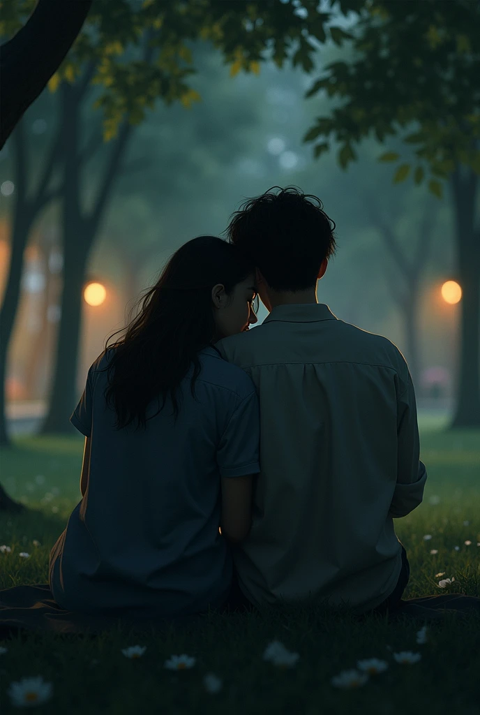 A adult couple sitting in park and the girl take her head in the boy shoulder and the lights is very dim 
