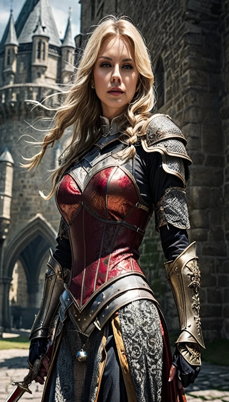 A blonde woman in medieval attire, standing in a grand castle with tall, stone walls and tapestries.
