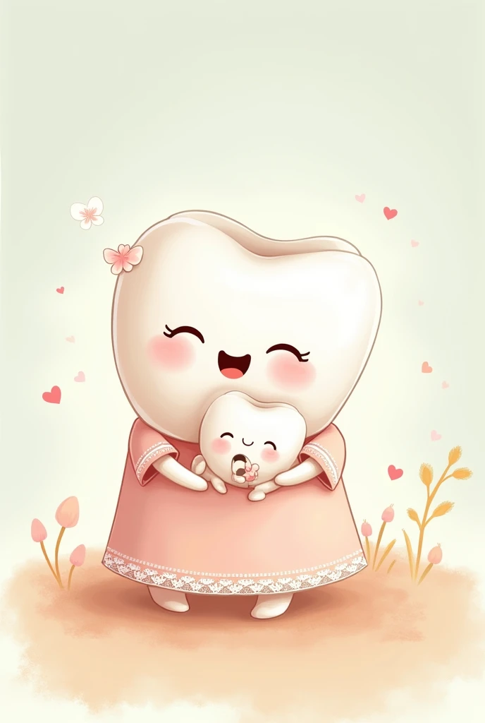 Cartoon of a mommy tooth with her baby tooth in breastfeeding position in pastel colors