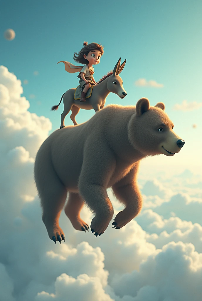 Riding a donkey on a bear in the sky