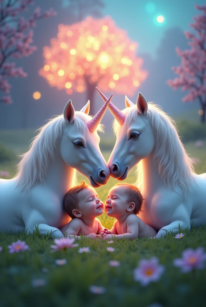 Two twin baby girls lying on their stomachs in the grass surrounded by unicorns, the glittering horns and the head leaning forward on the baby girls with a magical landscape in the background : trees and rainbow 