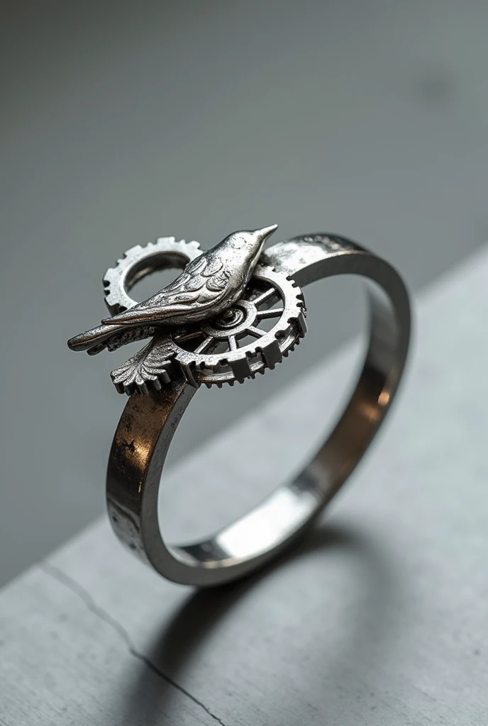 Two silver rings created with cutting-edge technology, with gears representing a bird and a cage, fine and delicate, as well as thin for men