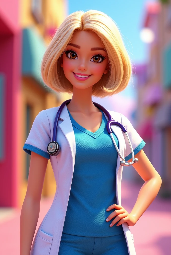 Cartoon image from the Barbie movies, a Barbie doctor with brown eyes, short blonde hair, and a blue medical suit