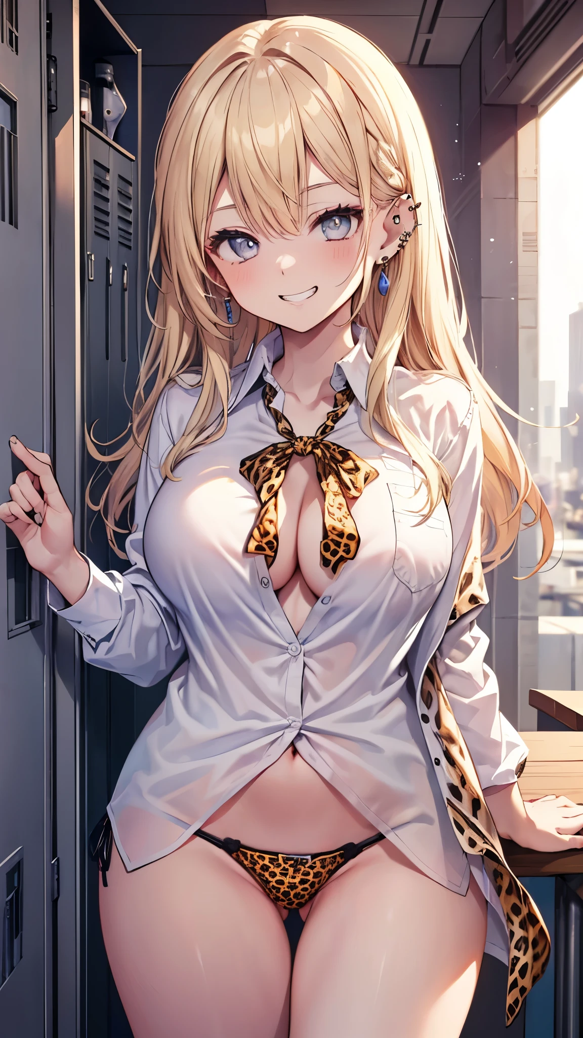((masterpiece、Highest quality、Very detailed))、One girl、gyaru、Blonde、Long Hair、straighthair、Grey Eyes、evil smile、((Grin))、((lots of piercing))、Large Breasts、((White collared shirt))、((leopard print panties))、Thick thighs、Cowboy Shot、Locker Room Background
