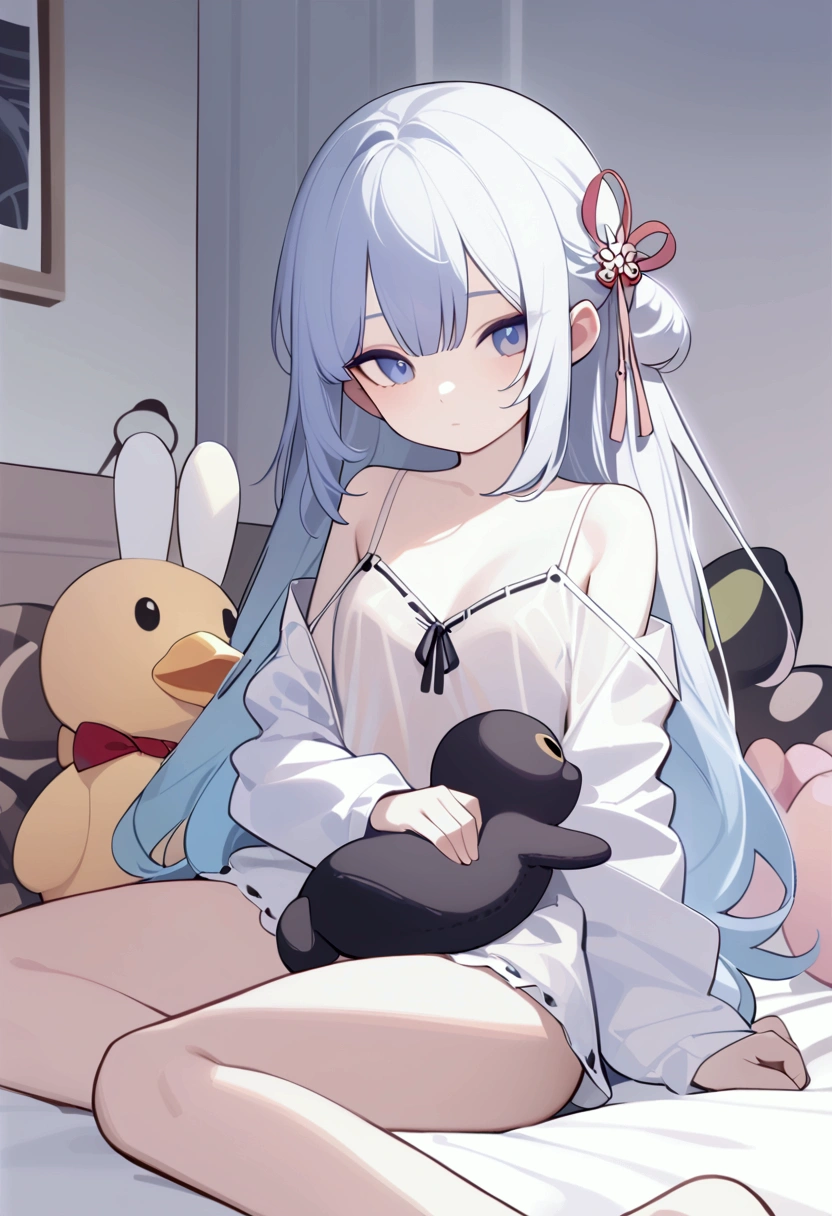 (masterpiece), (best quality), illustration, Extremely detailed, HDR, Depth of Field, (Colorful),artist:Chen An,artist:Tianliang Duohe Fangdongye,[[artist:WLOP]],artist:ask (askzy), 1girl, solitary, Long hair, (small_girl:1.2),(small:1.1),bright_student,symbol-shaped student, Chest,cross-shaped student, Hair accessories, Gradient hair, HD，一个girl，Genshin Impact风格，Ayaka Shirt Version (Genshin Impact),living room, Duck sitting, Sitting on the bed,Plush Toys,Rabbit toys,Black Cat,Books on the bed,pajamas,See through clothes,Expose one shoulder,barefoot,