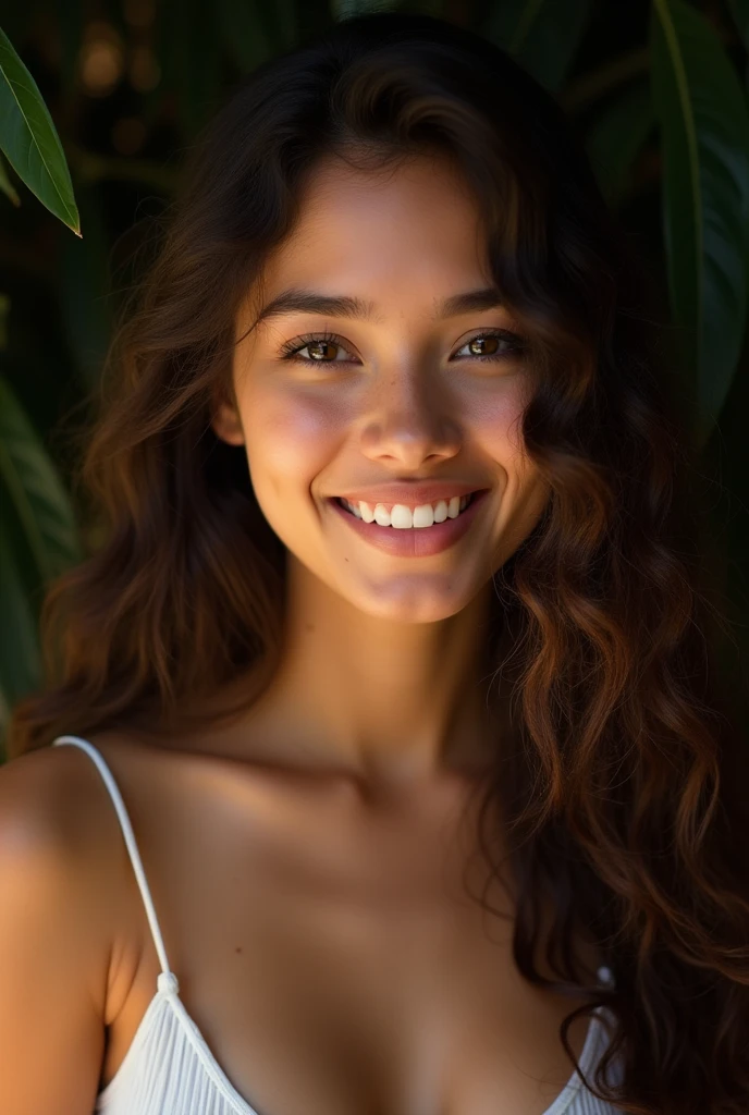 (portrait, editorial photograph of a beautiful filipina girl age 18, adorable face, long brown curly hair, ((hazel eyes)), nikon d850, film stock photograph ,4 kodak portra 400 ,camera f1.6 lens ,rich colors ,hyper realistic ,lifelike texture, dramatic lighting, (highly detailed face:1.4), perfect eyes, slim, realistic iris, perfect teeth, (smile:0.7), (background dark, shadow of the leaves), (cleavage)