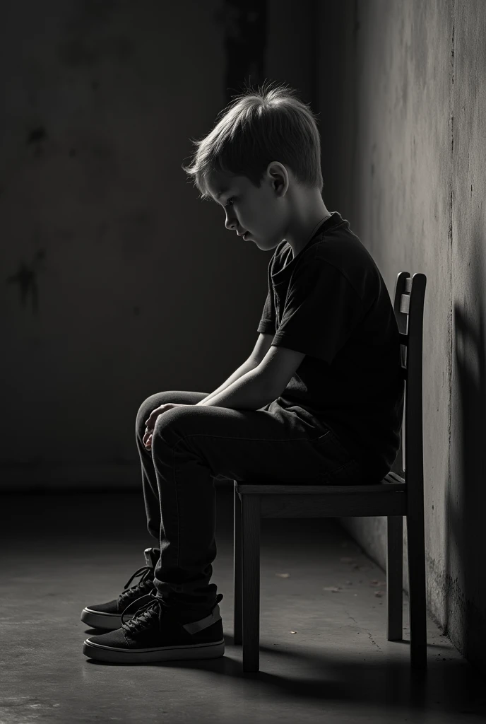 A boy in the spotlight, with a lost or introspective look, sitting on a simple chair or leaning against a wall. The image can be in black and white or with a faded color palette to emphasize the emotional tone of the narrative..