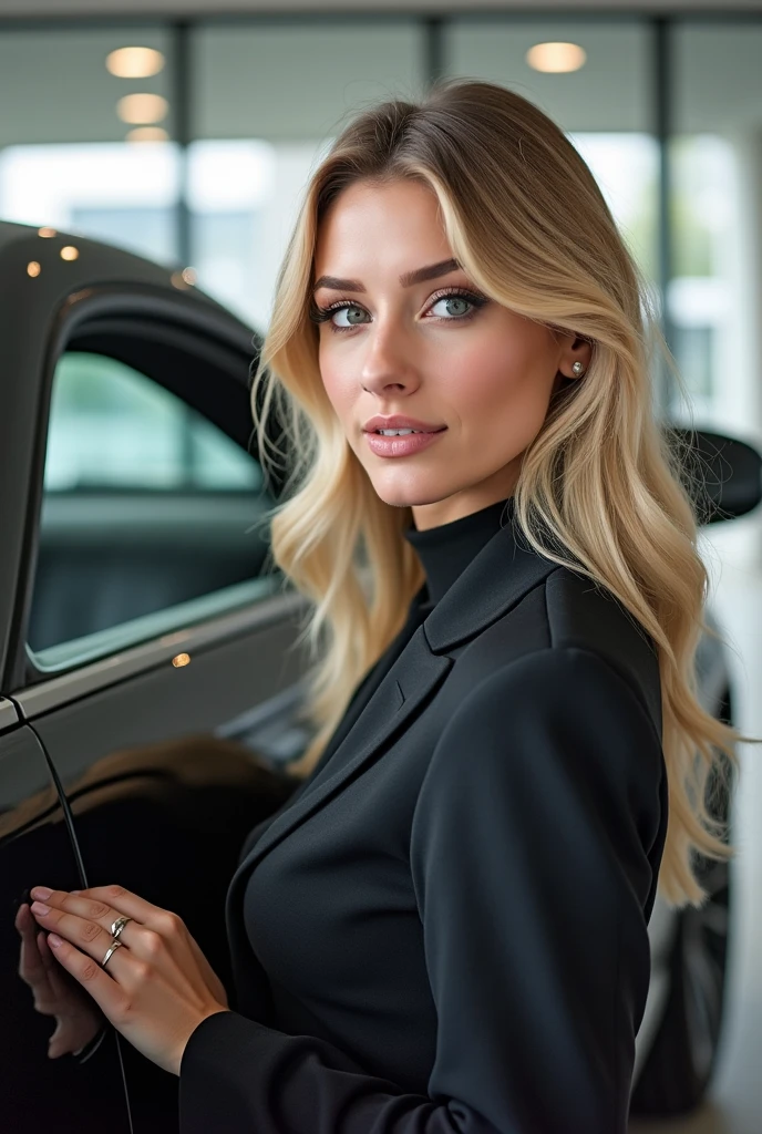 Beautiful blonde buying an Audi car