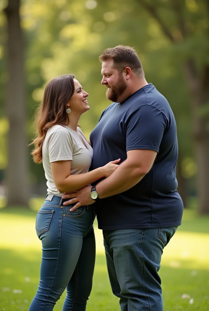 A woman fucking a chubby man in a park