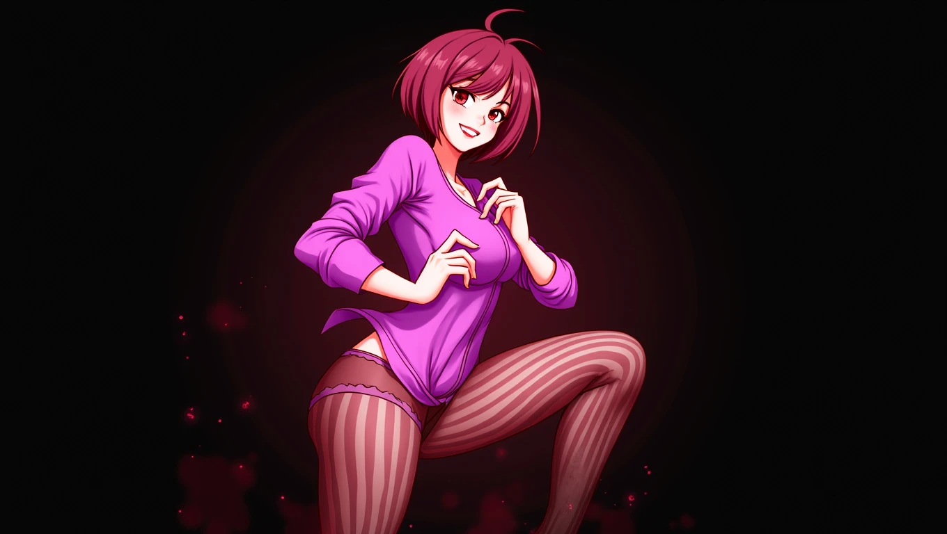short hair, cheered up, messy hair, He drowned, reddish wine colored eyes, reddish wine hair, twitch, purple clothes, Jthan67, sexy lingerie, long striped stockings,