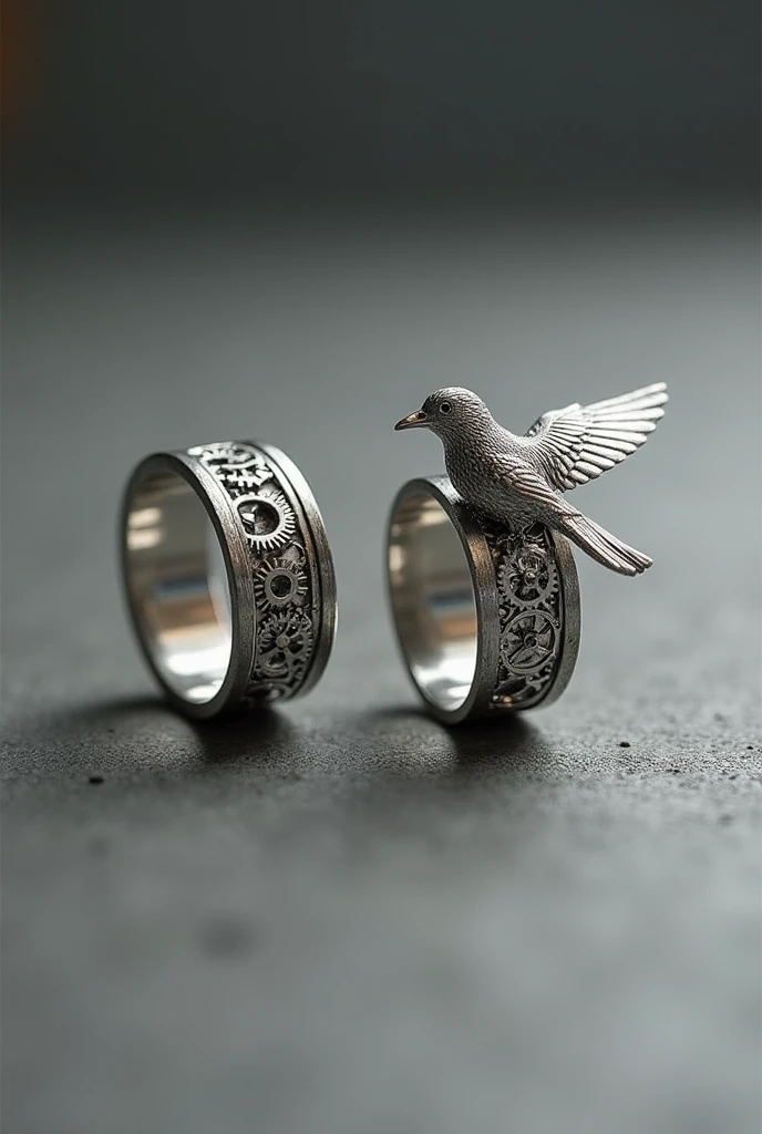 Two silver rings created with cutting-edge technology, with gears representing a bird and a cage, fine and delicate, as well as thin for men