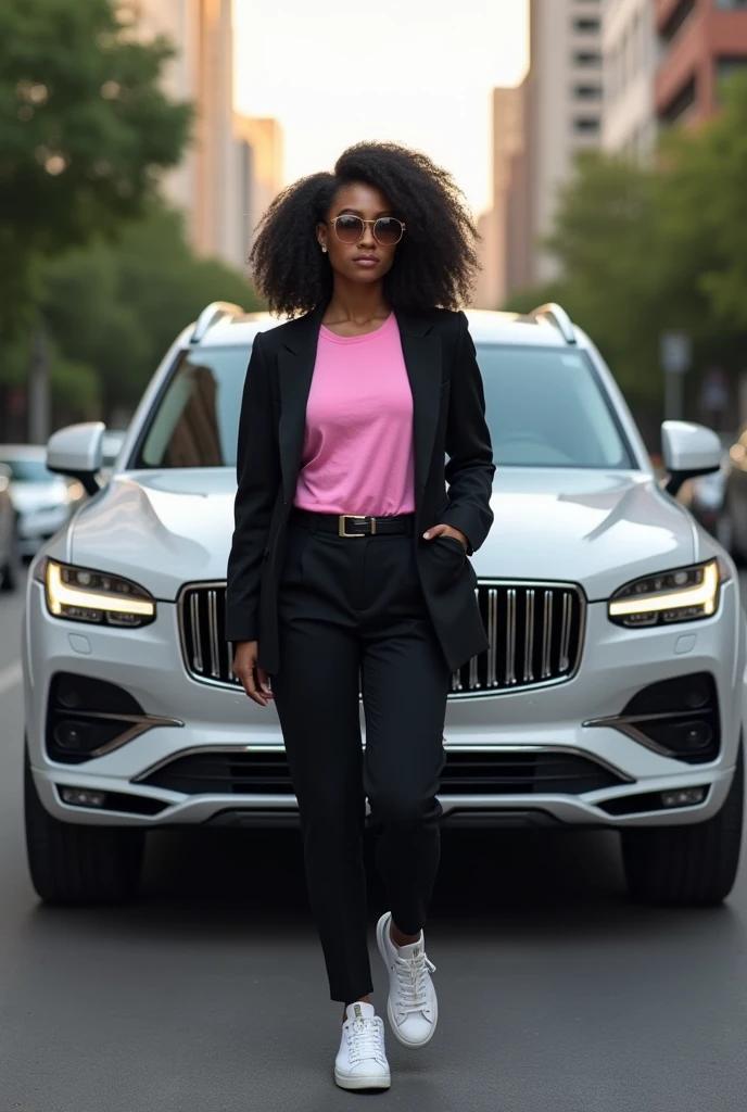 A black Brazilian woman driving a SUV car, wearing a pink and white t-shirt with a black suit and ALL Star sneakers and wearing prescription glasses, showing off your natural charm and outgoing personality