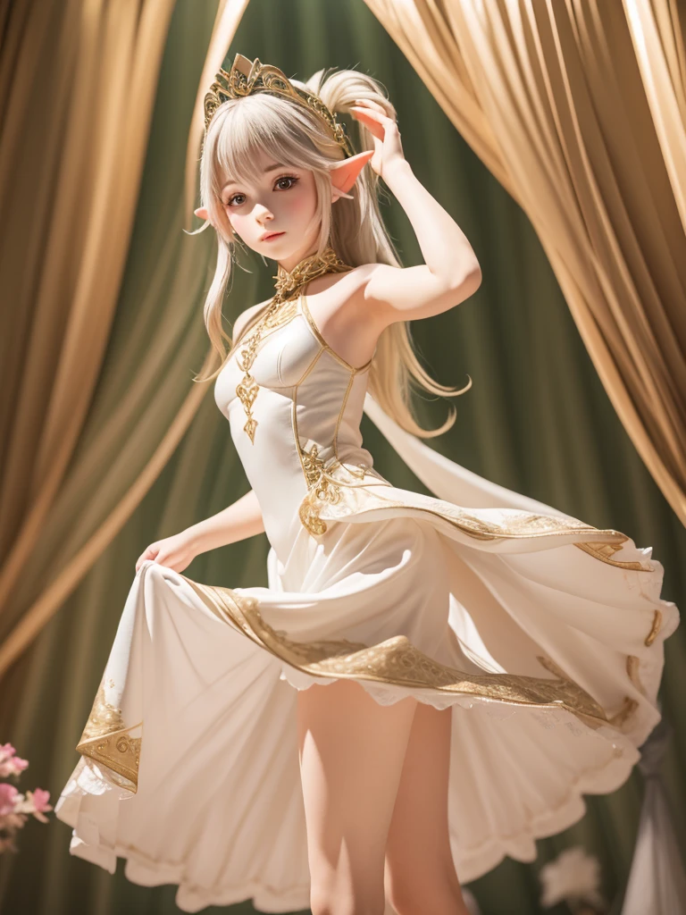 High resolution、High level image quality、8K、real live action、Raw photo、highest quality、masterpiece、16 year old elf girl、ballerina、unparalleled beauty、leotard、Wearing a tiara on your head、young face、(((beautiful girl)))、Dancing on stage、Swan Lake、long pointed ears